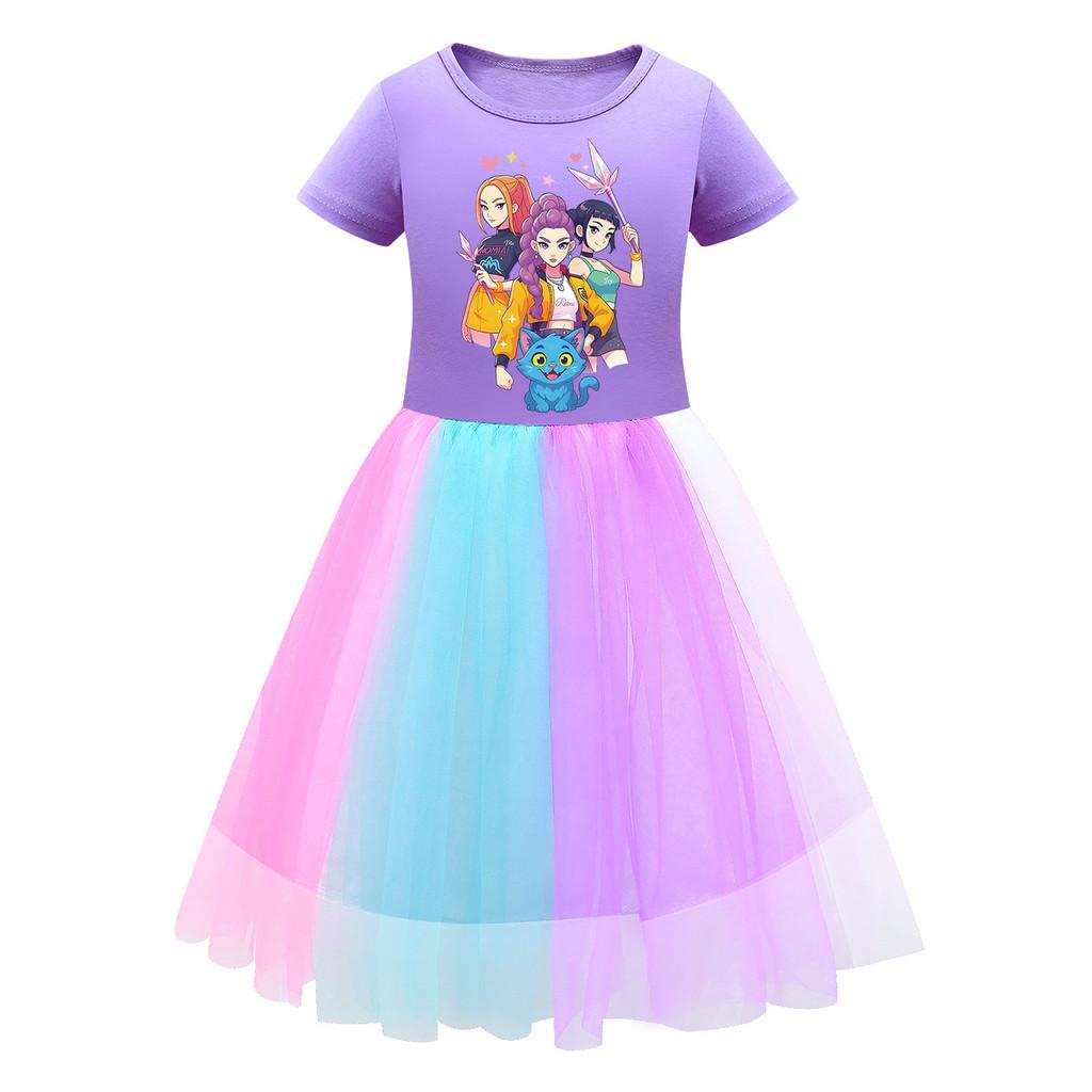 Детское платье для девочек в стиле K-POP Rumi Zoey Mira с принтом, сетчатое, радужное, с круглым вырезом, с короткими рукавами, повседневное, хлопковое