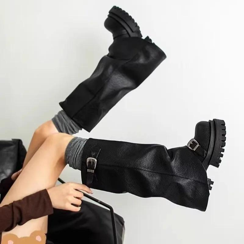 Women High Boots Platform Chunky Fad Buckle Leather Mid Heels Shoes 2025 Trend Designer Knee High Mortorcycle Winter Botas Mujer