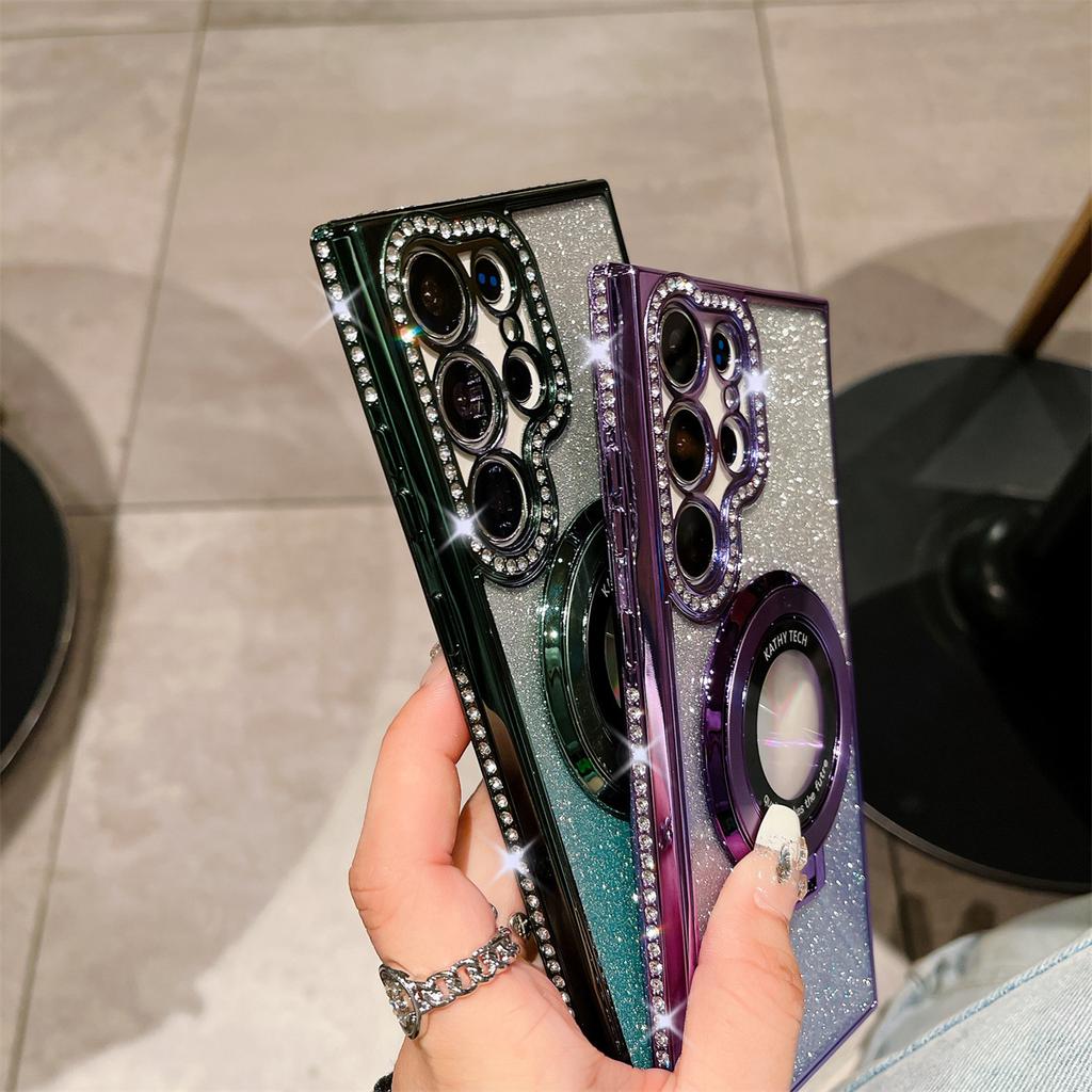 Samsung 25 Ultra Mobile Phone Case Rhinestone Flash Powder Electroplated Magnetic Bracket for Women's Model Suitable for S24 Soft Shell Anti Fall