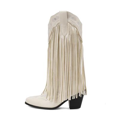 Бежево-красные женские полусапоги в западном стиле на высоком квадратном каблуке, большой размер 48