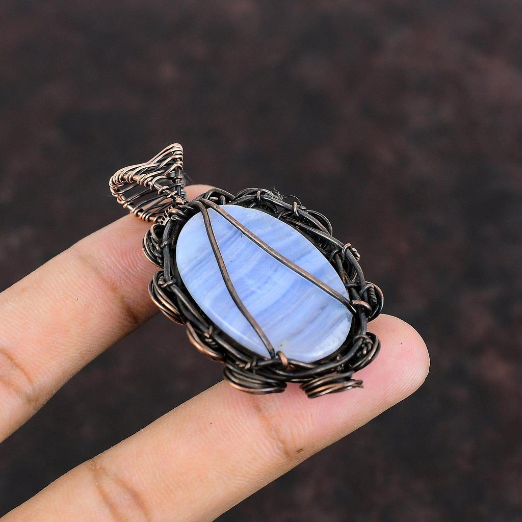 Подвеска из голубого кружевного агата, подвеска из медной проволоки, изящная подвеска из драгоценного камня, подвеска ручной работы, ювелирное изделие из медной проволоки, подарок для мамы, уникальная подвеска