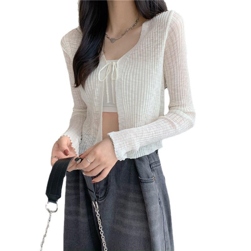 Sunscreen Lace-up Knitted Cardigan Women's Summer Thin Outer Cover-up Overshirt Ice Silk Air-conditioned Shirt Top