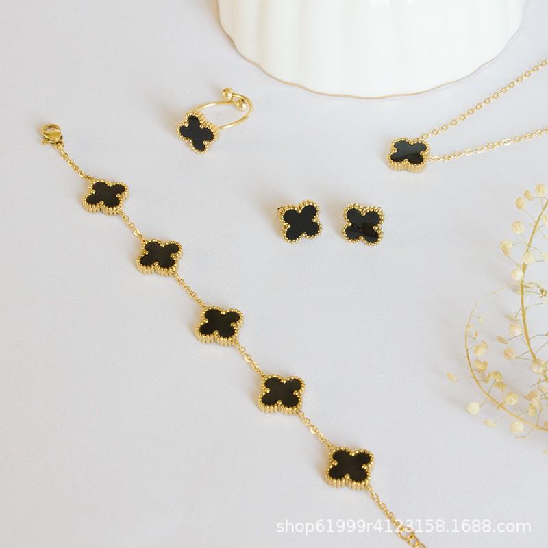 Stainless Steel Four Leaf Clover Jewelry Set - Necklace Bracelet Earrings Studs Women Men Fashion OL Style