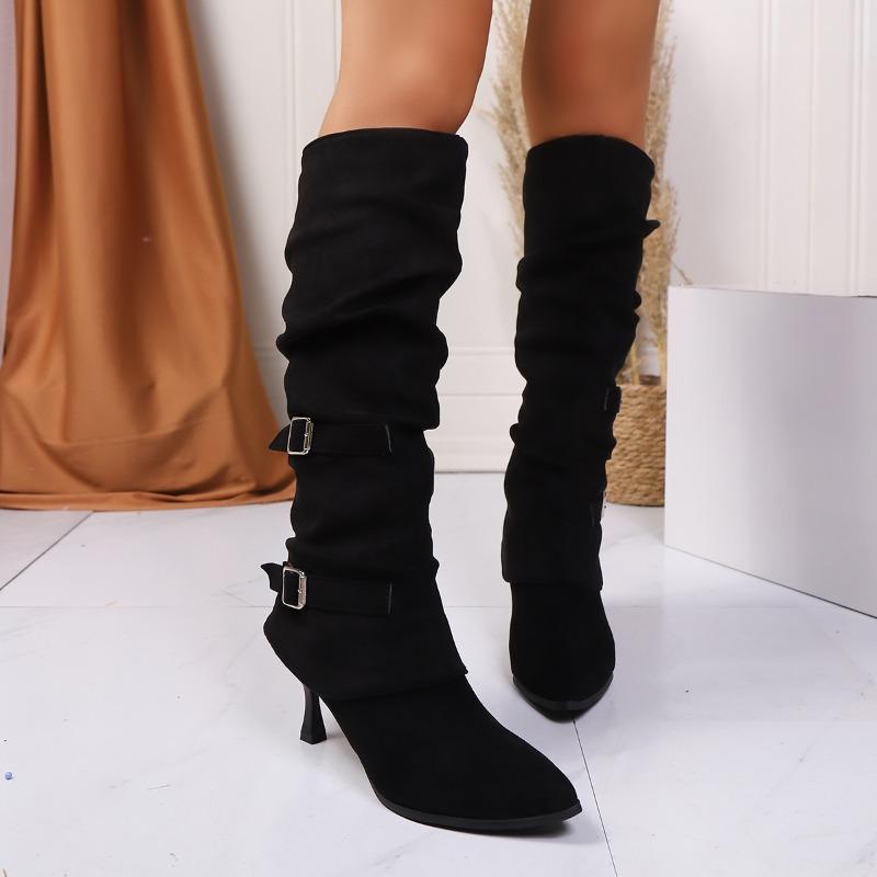 Мода 2025 Уличный стиль Остроносые Сапоги до колена Женские Высокие каблуки Женские Ретро Пряжка на ремне Плиссированные Модные Горячий товар Длинные сапоги