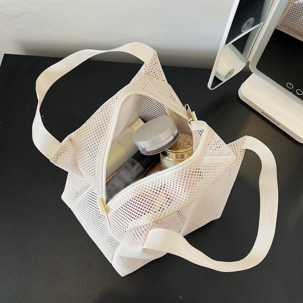 Casual Mesh Tote Beach Bag with Handle Toiltery Makeup Bag Cosmetic Zipper Pouch Travel