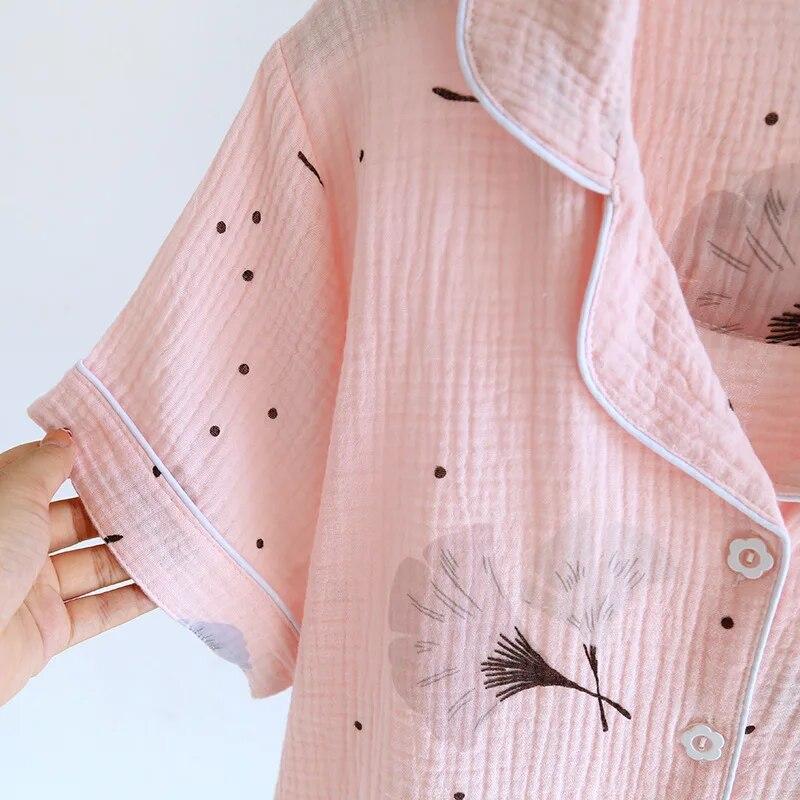 2026 Лето Новая Женская Пижама Комплект из трех предметов 100% Чистый Хлопок Креп Короткий Рукав+Шорты+Длинные Брюки Тонкая Домашняя Ярость Дамы