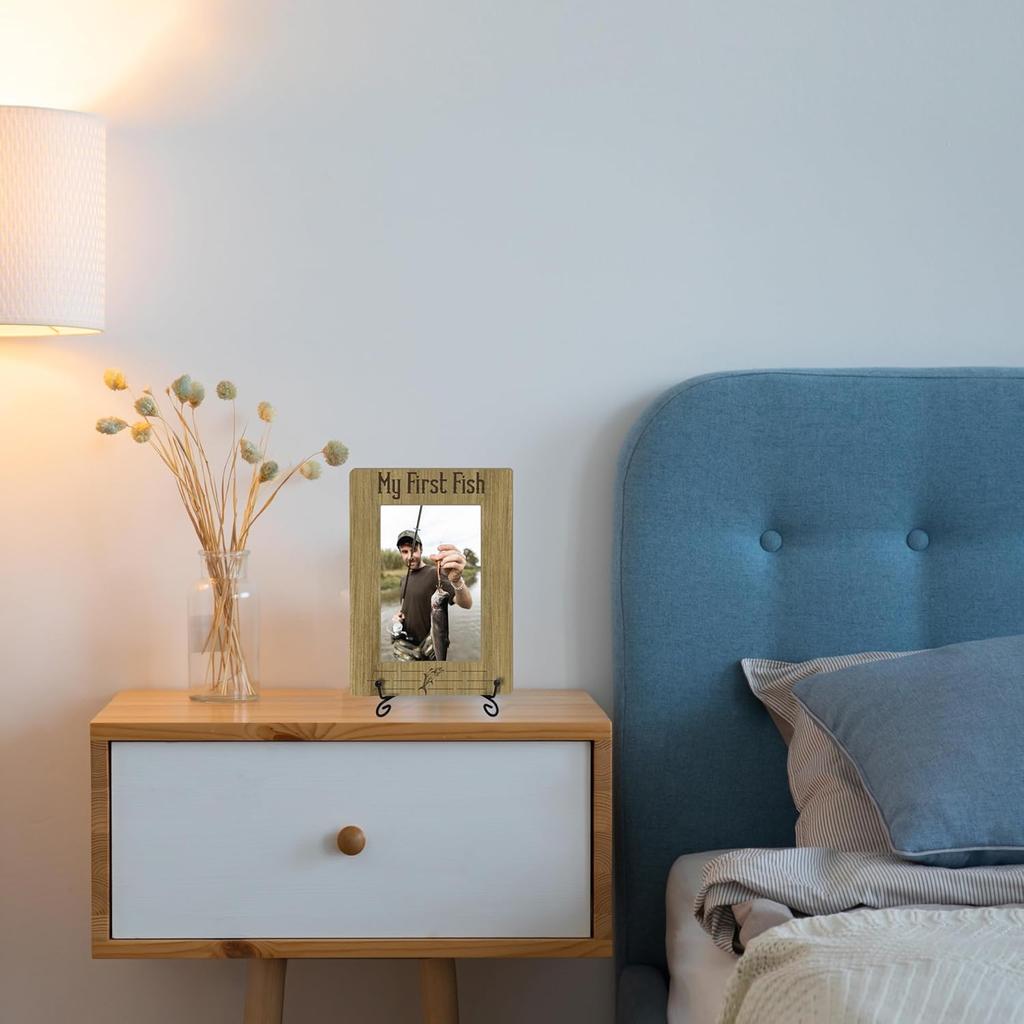 Fishing Photo Frame with Iron Stand, My First Fish Picture Frame, Wood Picture Holder Memorial, for Countertop, Tabletop Display, Photo Friendship