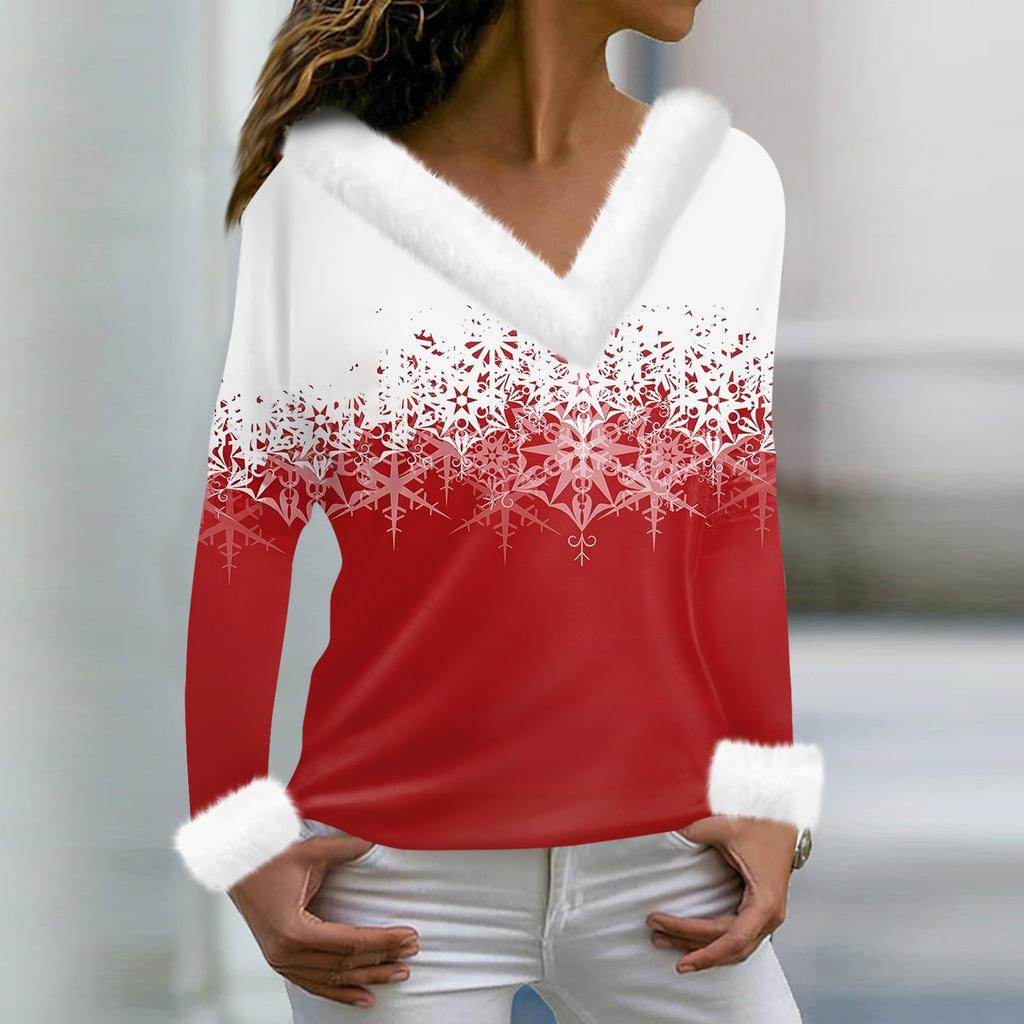 Женская мода повседневная плюшевая кофта с длинным рукавом и V-образным вырезом с рождественским принтом
