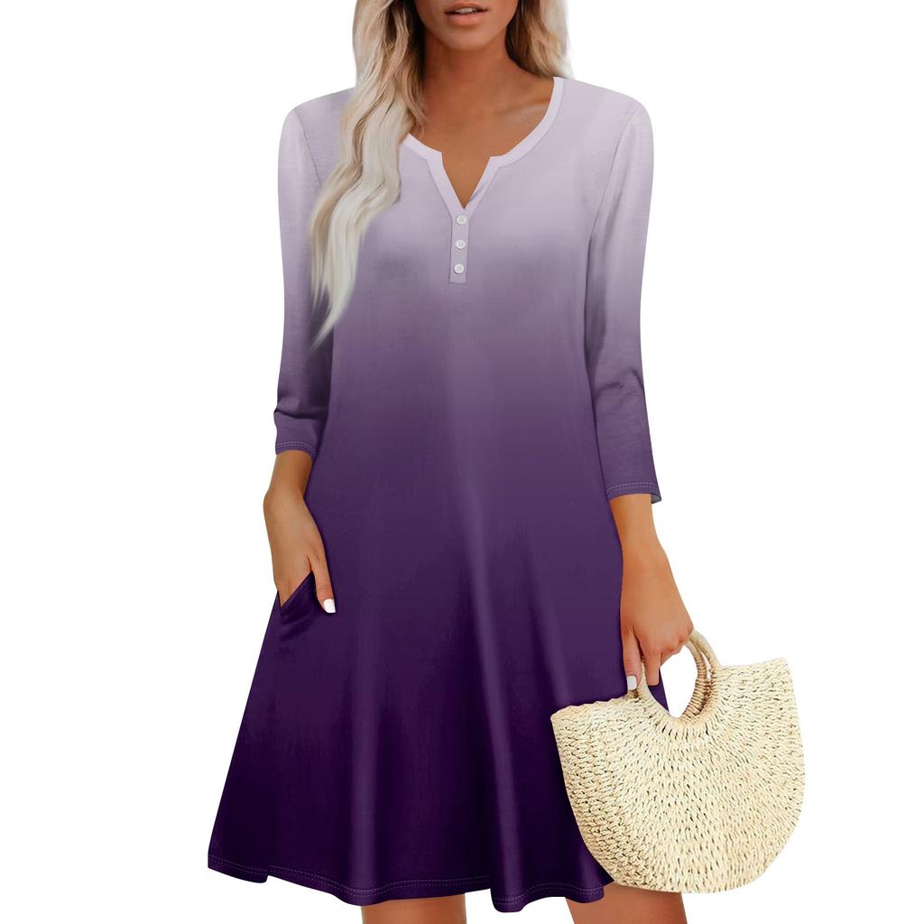 Women's Summer Dress Loose V Neck Three-quarter Sleeve Sundress With Pockets Dress
