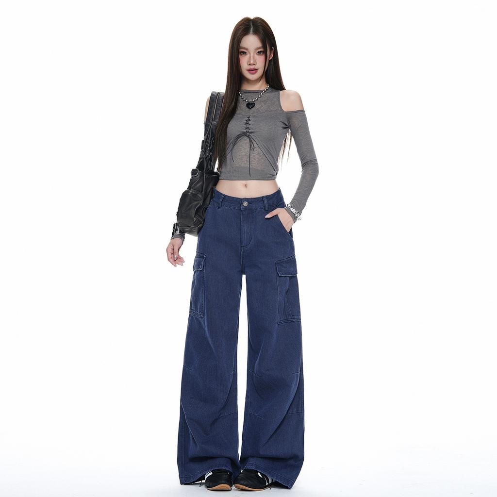 American multi-pocket tooling wide-leg jeans women's autumn and winter new straight loose high-waisted thin casual pants