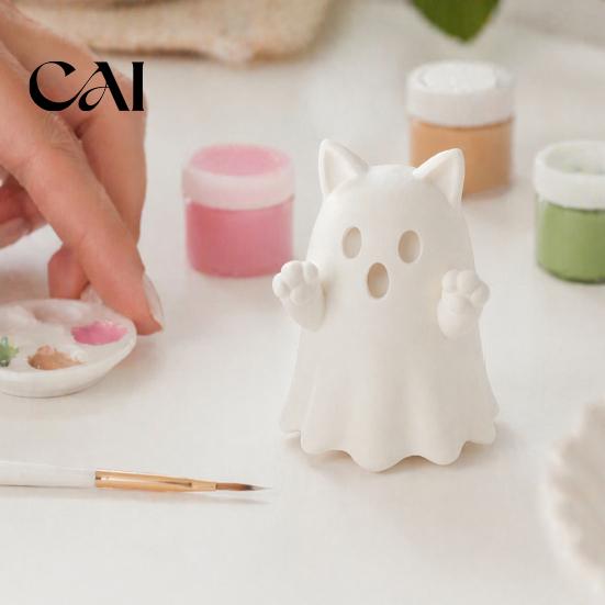 Customizable Holiday Decor 3D Printed Cute Ghost Cat Figurine, Wink Smile Surprise Spooky Halloween Decor, Unique Party Table Decorations Blank White