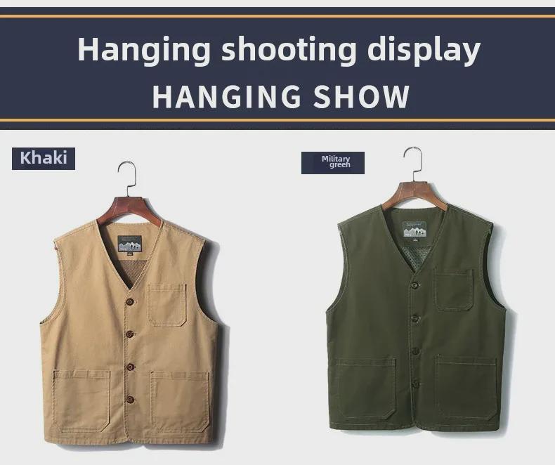 Extra Large Collarless Cotton Vest with Multiple Pockets for Spring/Autumn Outdoor Workwear