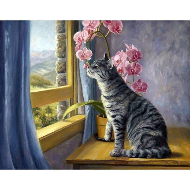 5D DIY алмазная живопись милый кот Алмазная вышивка оконный пейзаж вышивка крестом полная квадратная круглая дрель ремесла домашний декор подарок
