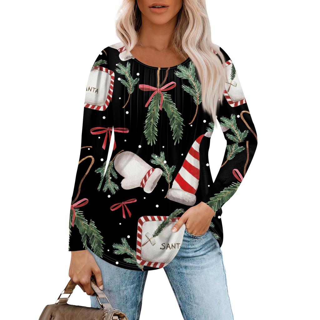 Женская повседневная футболка с круглым вырезом и длинными рукавами с рождественским принтом и складками