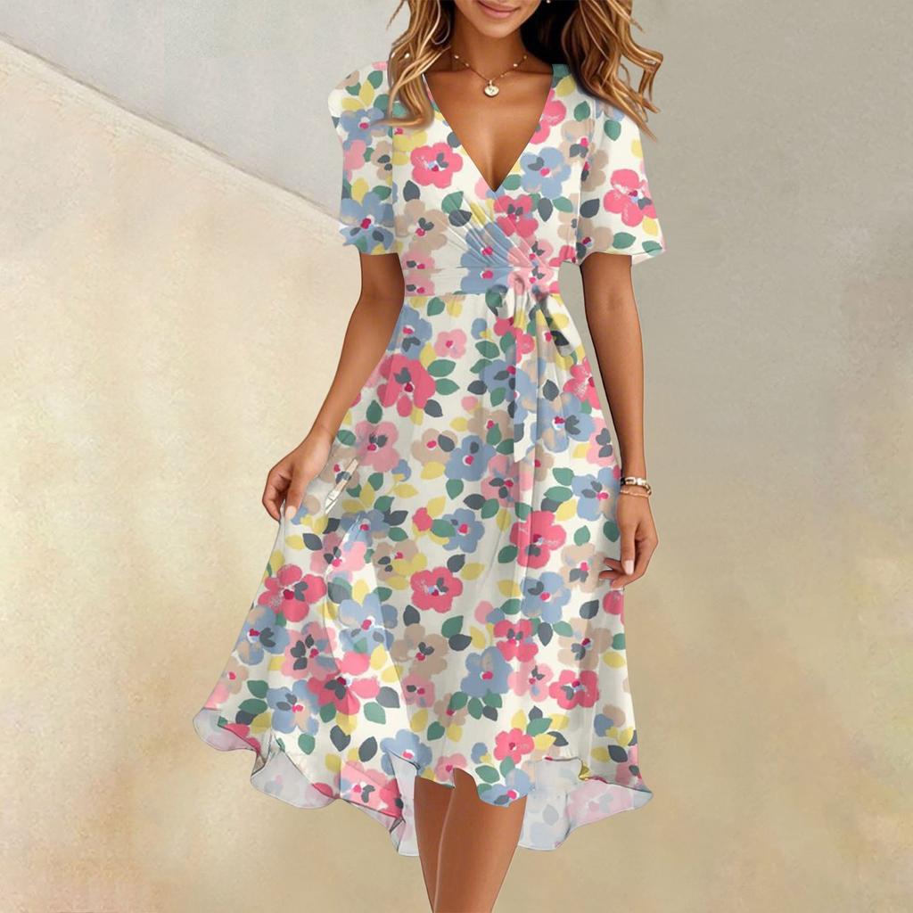 Women's Summer Fashion V-Neck Flared Dress Short Sleeve Floral Dresses