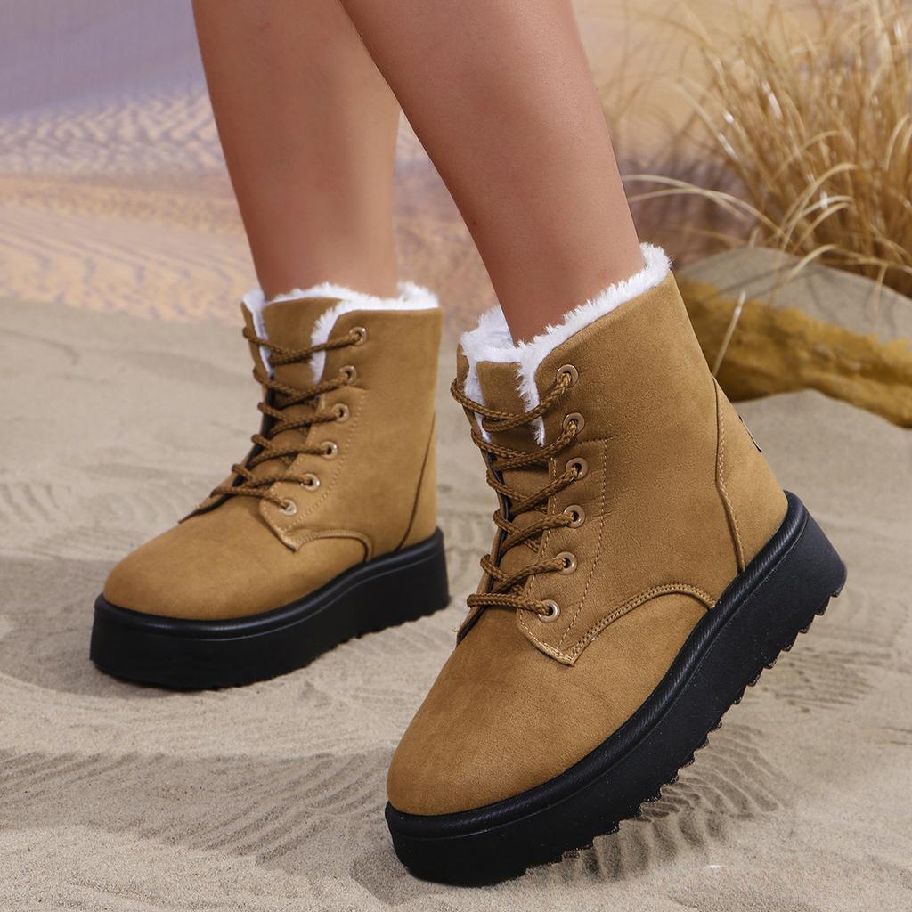 Женские зимние ботинки на толстой платформе, нескользящие, удобные, короткие, с подкладкой из искусственного меха, для женщин, теплые ботинки из искусственной замши на шнуровке