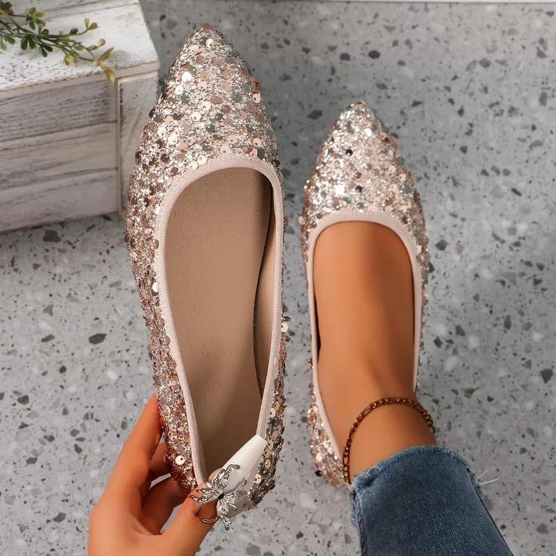 2024 Hot Sale Ladies Shoes One Kick Women's Flats Autumn Pointed Toe Sequins Solid Flat Casual Comfortable Large Size Shoes