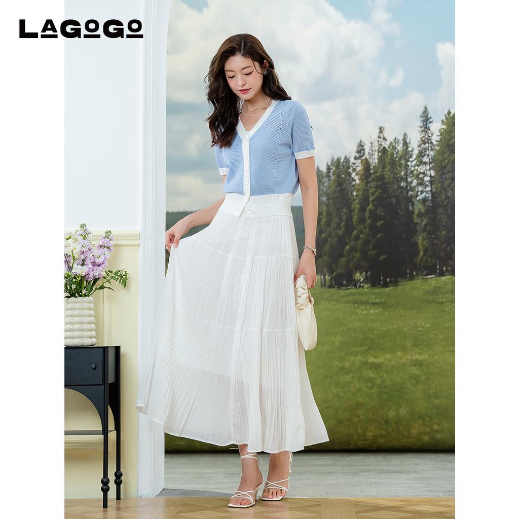 [Same as in the mall] Lagogo Lago Valley new hollowed out contrasting color temperament V-neck elastic knitted sweater for women