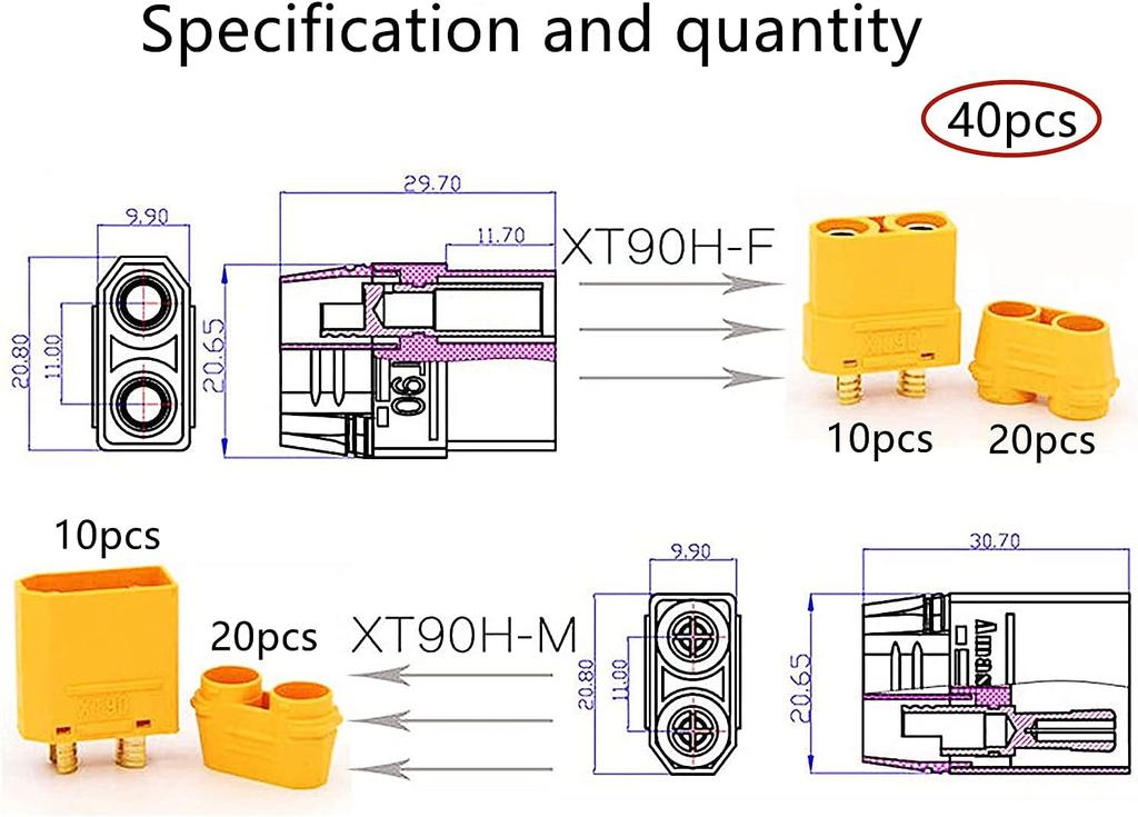 10 Pairs XT90H Male-Female Connectors with Wire Protector – 40A/90A Max – High Quality for RC Lipo Batteries – Yellow