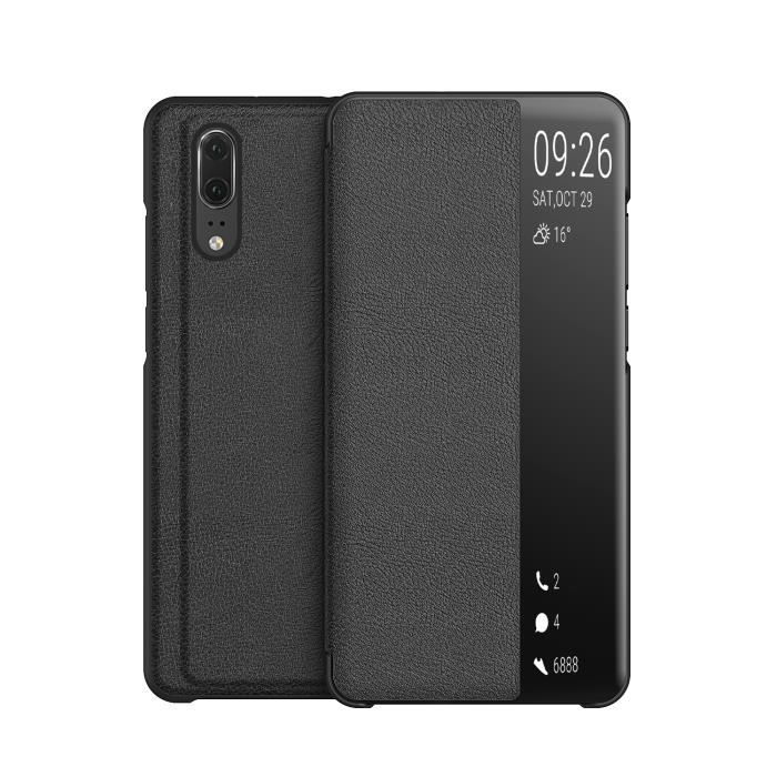 Wili Coque Huawei P20, Smart View Flip Faux Cuir Coque + Protection Ecran - Noir