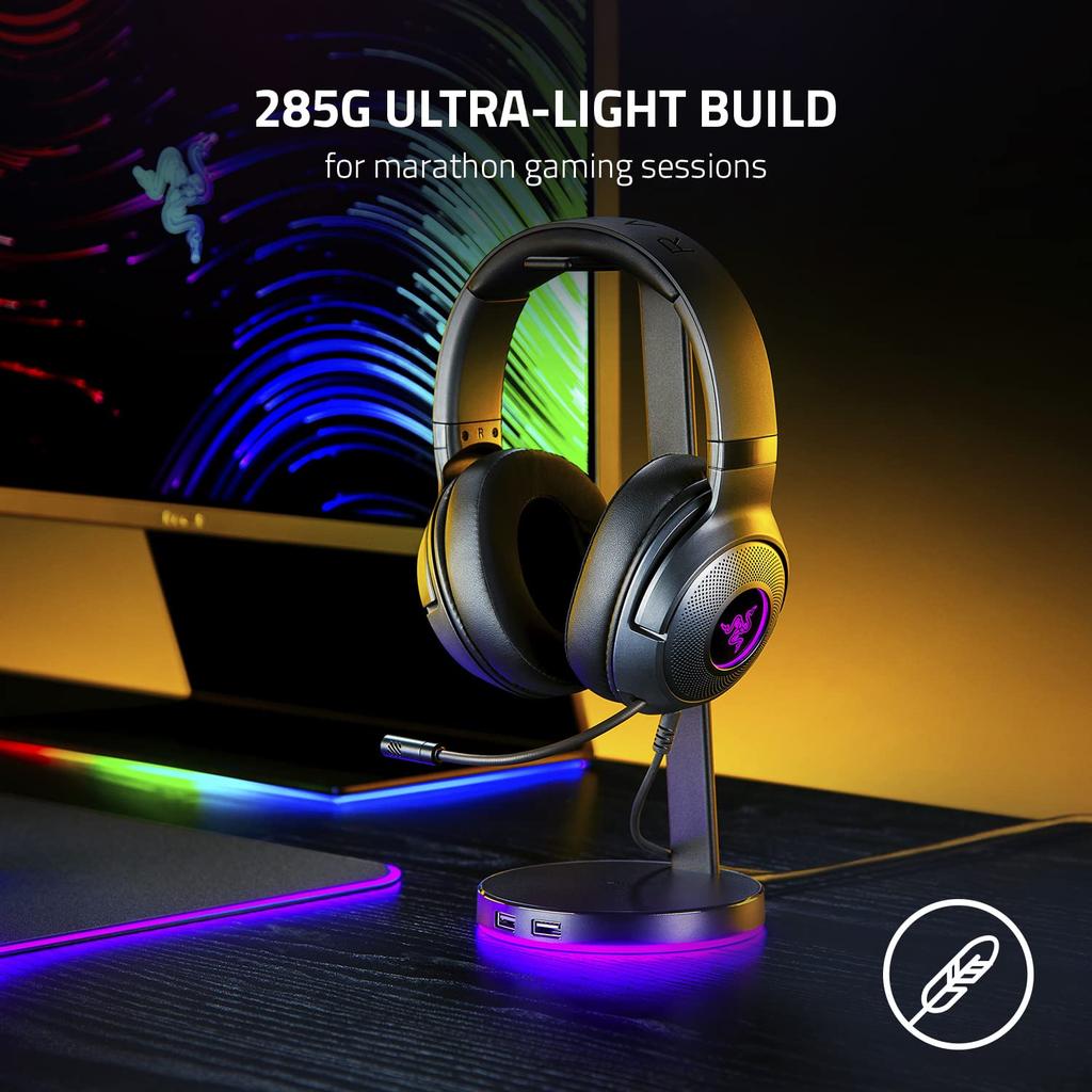 Razer Kraken V3 X Wired USB Gaming Lightweight Construction Triforce 40mm Drivers Hyperclear Cardioid Mic Surround Sound Chroma RGB Lighting Black
