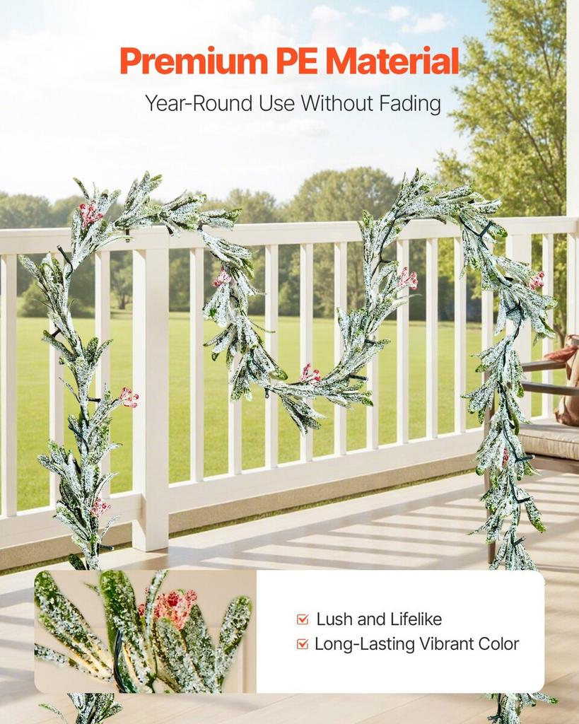 Christmas Garland, 2750 mm Realistic Greenery Decorated with Vines, Olive Leaves, and Berries, Evergreen Faux Garlands with Light String for Indoor