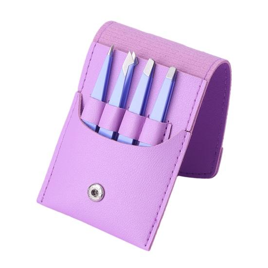 4 шт., пинцет для бровей из нержавеющей стали с чехлом из искусственной кожи, плоский косой кончик, прецизионный пинцет для лица, бровей, волос в носу, женский инструмент для макияжа