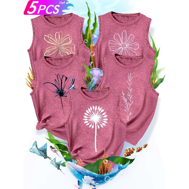 Five-piece set of sister and best friend outfits with plant-themed dandelion leaf and flower prints, fashionable retro style women's summer casual