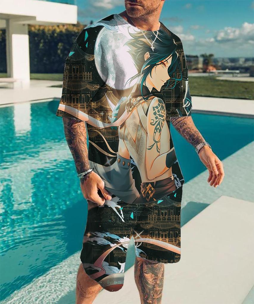 European and American cross-border new animation 3D digital original god printing men's T-shirt shorts set wholesale, short-sleeved set
