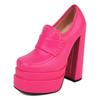 Women High Chunky Heel Platform Loafers Rosy Pink White Microfiber Party Club Lady Slip-on Square Toe British Thick Bottom Pumps