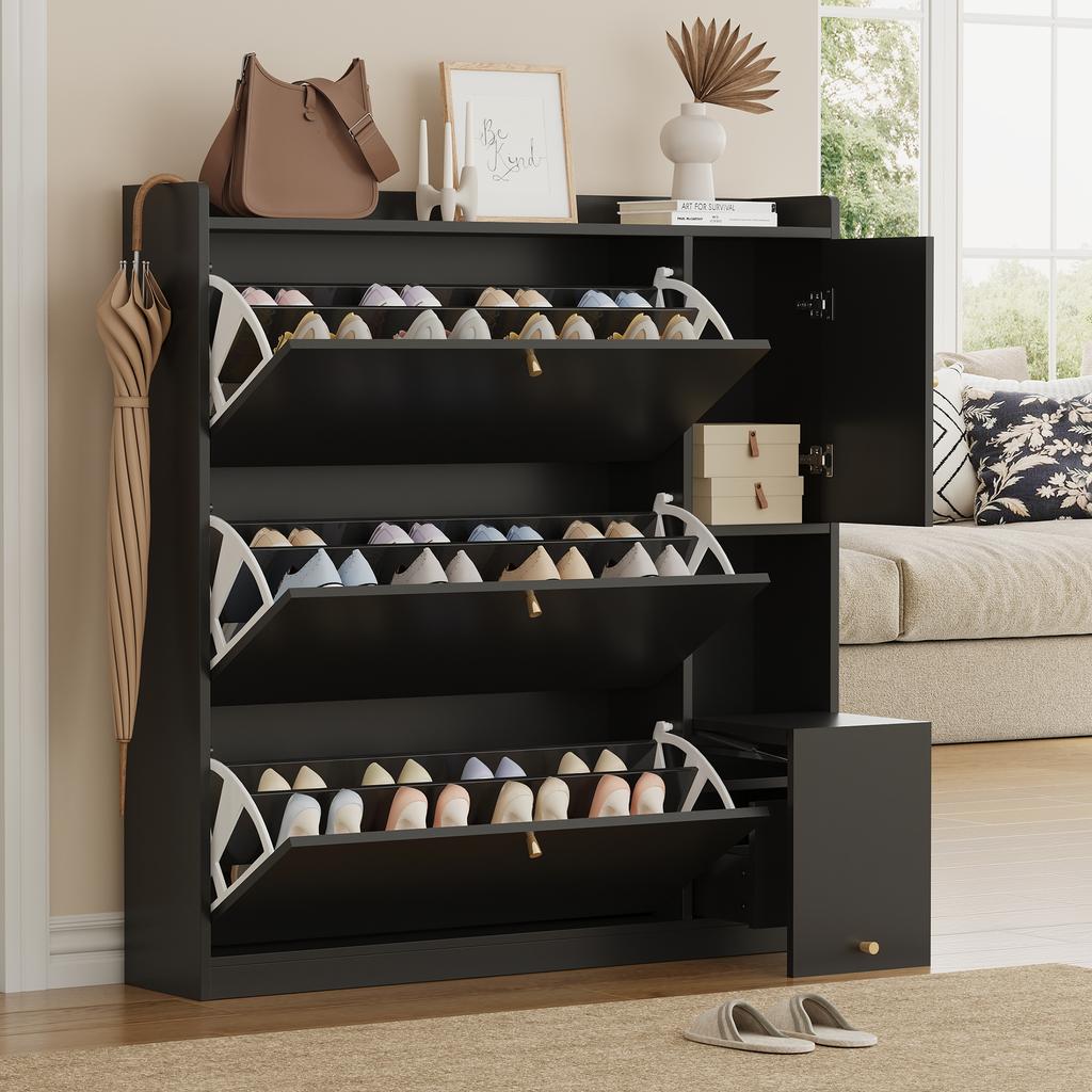 Versatile Tilt Shoe Cabinet with 3 Tilt-Out Drawers, Storage Entryway Organiser, Free-Standing Shoe Rack with Fold-Down Bench, Black, 119*24*122
