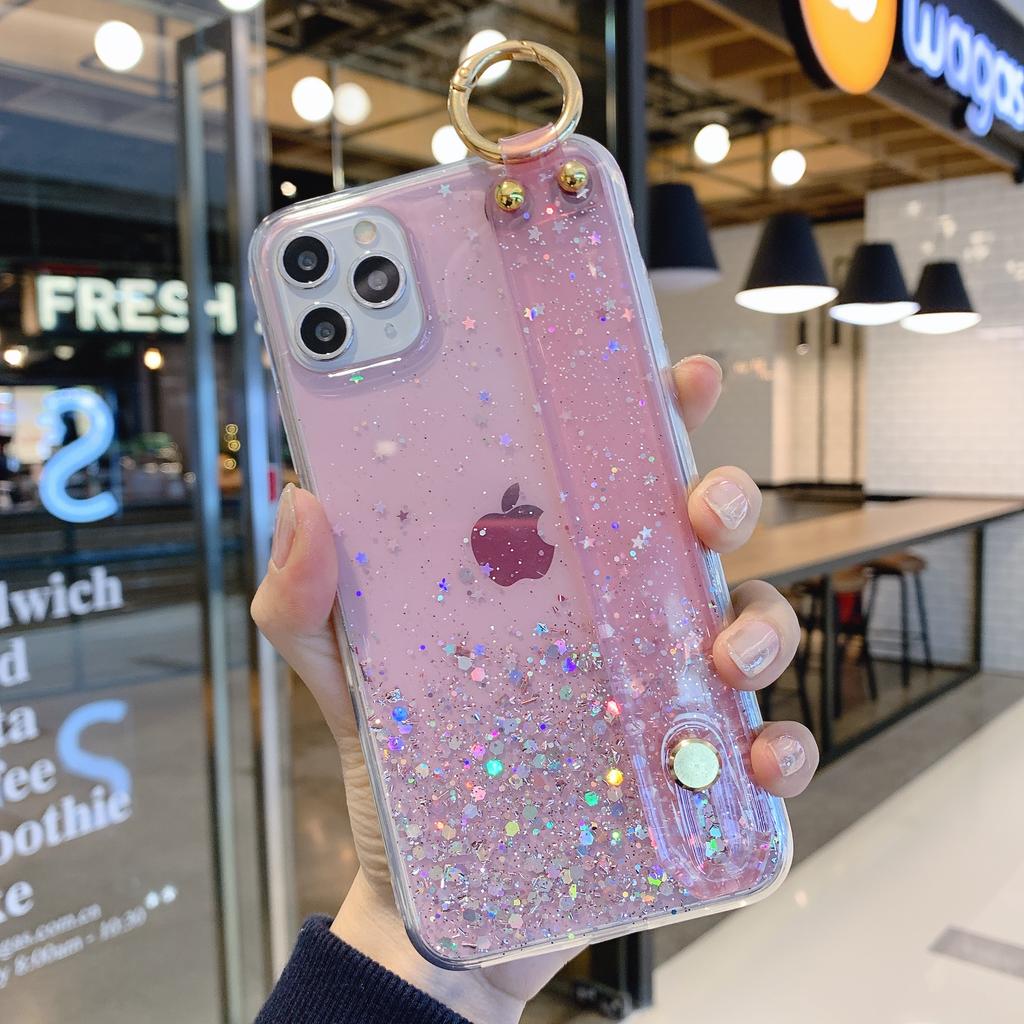 Блестящие Звездные Пайетки Ремешок на Запястье Подставка Чехол Для iPhone 16 15 14 13 12 11 Pro Max Plus Mini XS XR X 87 Прозрачный Силиконовый Чехол
