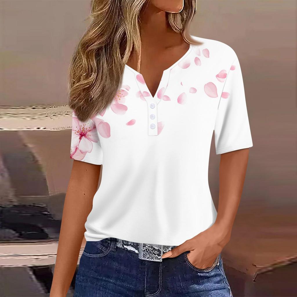 Женская повседневная футболка с коротким рукавом и V-образным вырезом, декоративная отделка пуговицами