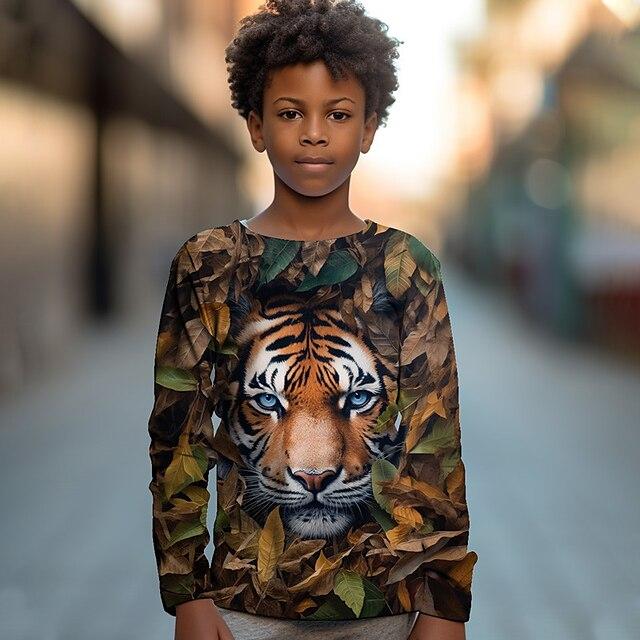 Футболки с круглым вырезом, 3D-принтом тигра и обезьяны, модные, повседневные, с длинным рукавом, для мальчиков