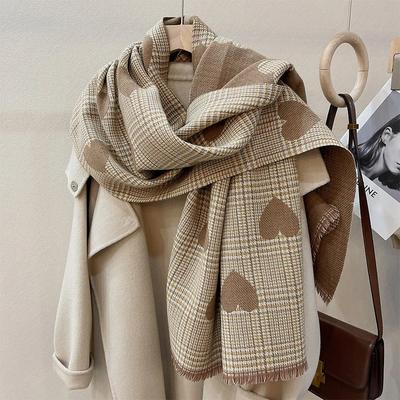 Двусторонний кашемировый шарф Осень Зима Женский с сердечками в клетку Модный Женский Длинный Утолщенный Теплый Вязаный Шарф Хиджаб Стола