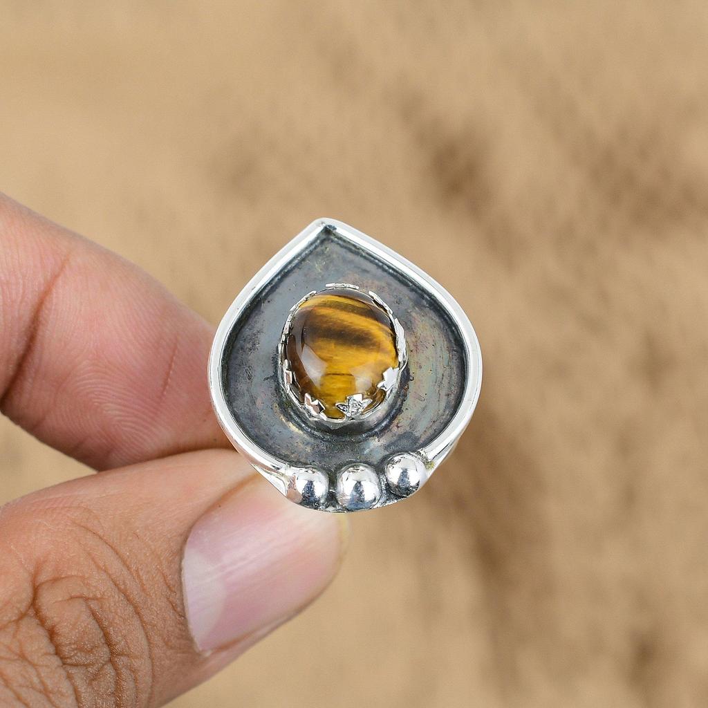 Mothers day Sale Tiger's Eye Gemstone 925 Sterling Silver Sister Ring Jewelry