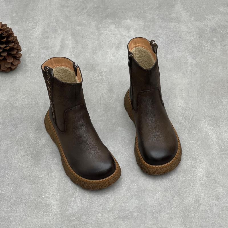 Johnature Винтажные женские сапоги из коровьей кожи с круглым носком, утепленные и на толстой подошве, из натуральной кожи, сапоги до середины икры