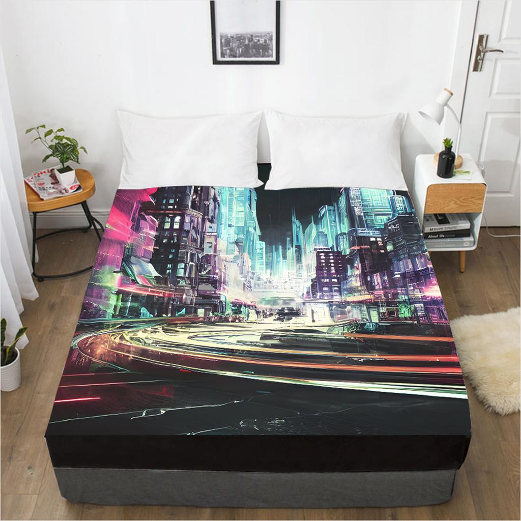Домашний текстиль Простыня на резинке с узором «Городская ночь» Чехол для матраса с 3D-принтом Простыня с эластичной резинкой Постельное белье Отдельный предмет