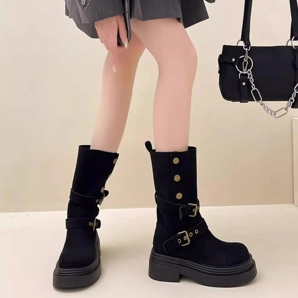 Fashion Women's Long Boots Fashion Platform Height Increasing Outdoor Knight Boots Spring Autumn New Retro Belt Buckle Women Shoes
