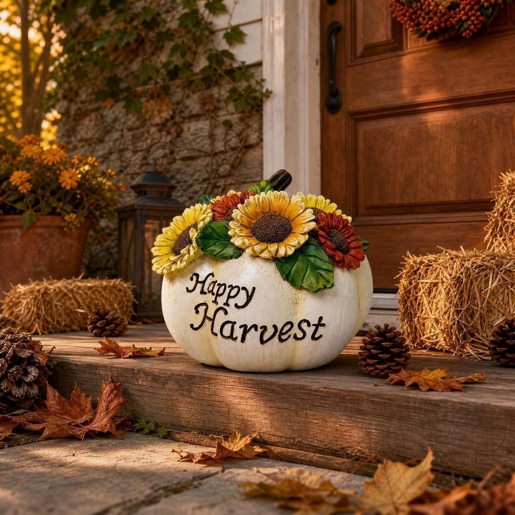 Resin Pumpkin Figurine with Sunflower Embellishment and Happy Harvest Lettering for Home Tabletop Decor Display