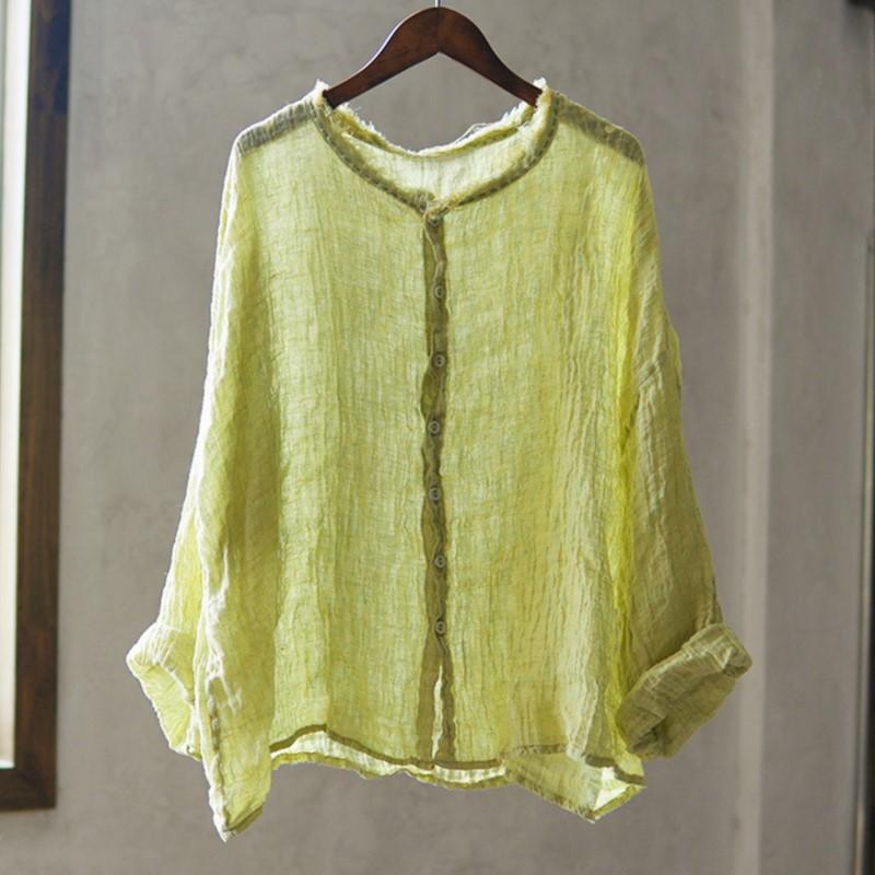 Johnature Винтажные женские рубашки с круглым вырезом и длинным рукавом на пуговицах, осенние свободные однотонные повседневные женские рубашки