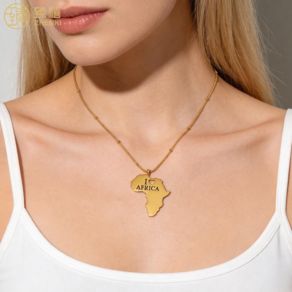 ZHENXI Design Jewelry Hollow I Love Africa Pendant Map Necklace 18K Gold Stainless Steel Trendy Link Chain for Man and Woman