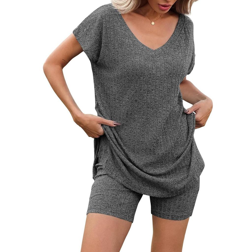 Женский летний комплект из двух частей с шортами, трикотажный домашний спортивный костюм с V-образным вырезом