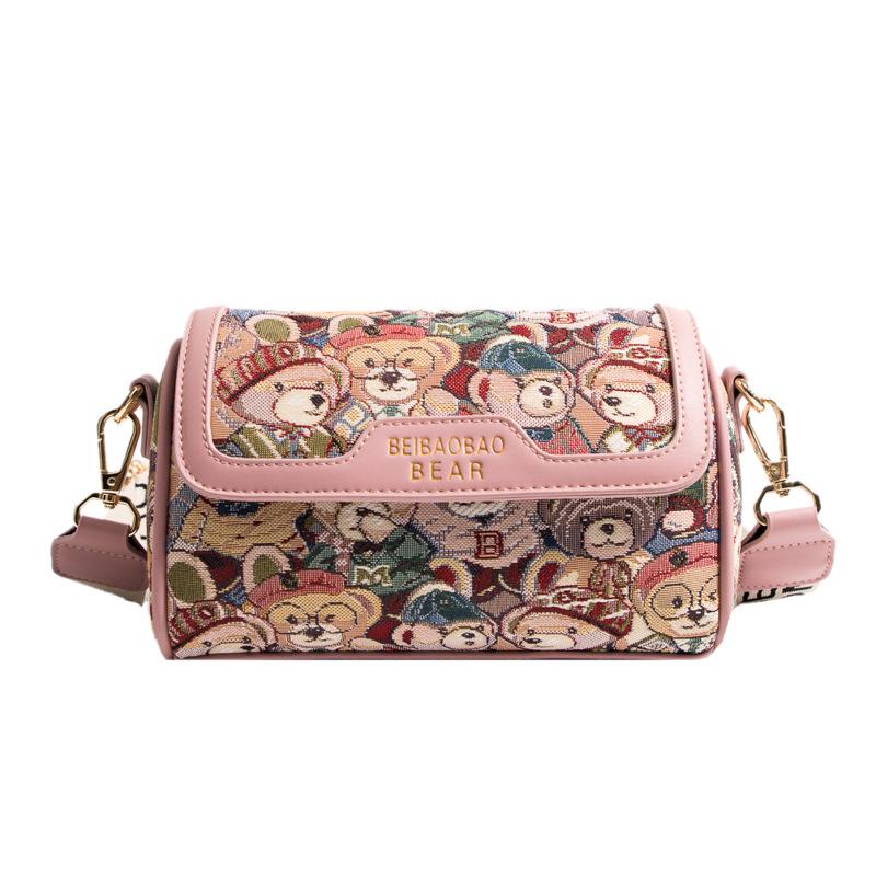 Beibaobao Cartoon Bear Contrast Messenger Bag - 2024 New Fashion Shoulder Bag for Women