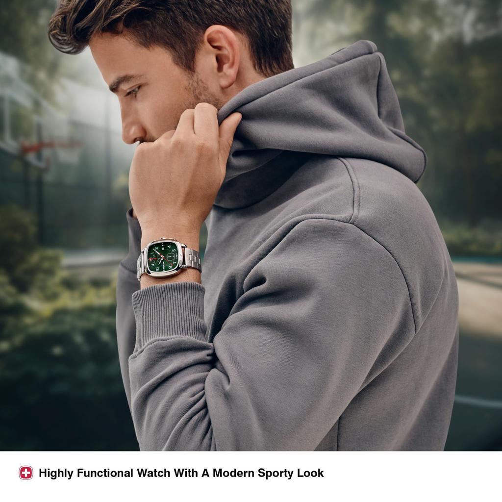 Wenger ВИНТАЖНЫЙ СПОРТИВНЫЙ ХРОНОГРАФ Часы Хронограф Корпус из нержавеющей стали Зеленый циферблат Серебристый браслет из нержавеющей стали Кварцевые 50 м Водонепроницаемые Подарок Аналоговые