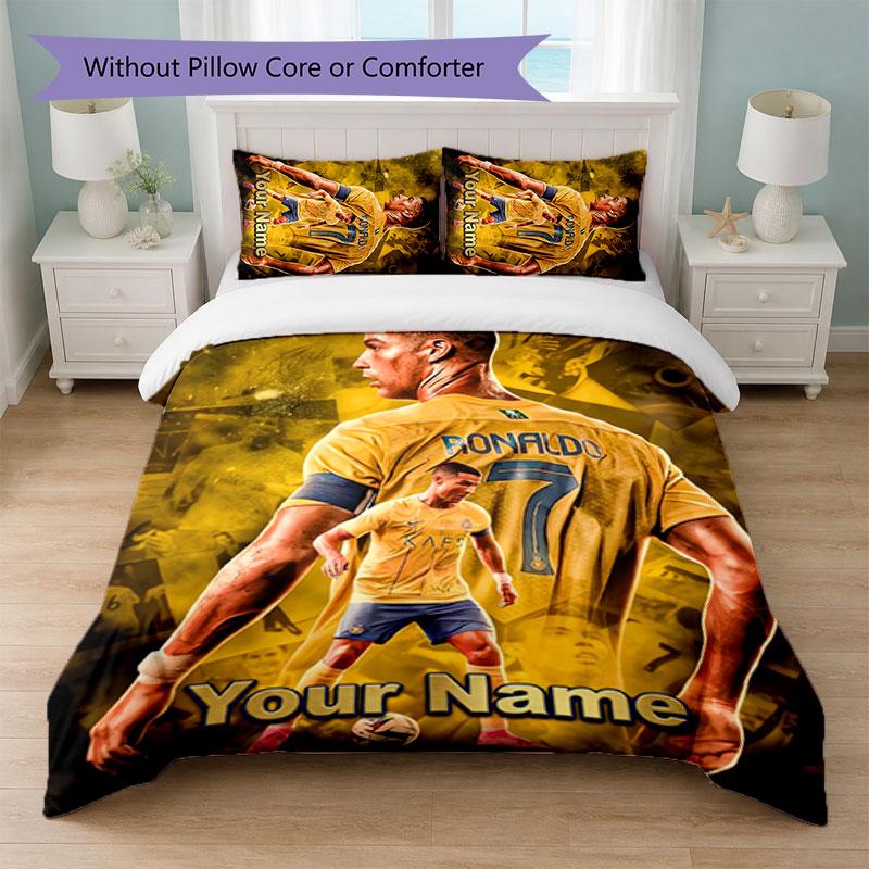 Cristiano Ronaldo Custom Name Text Bedding Set 1 Duvet Cover+2 Pillowcases Soccer Logo Personalized Gift For Special Occasion Bedroom Decor