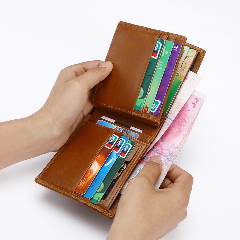 Однотонный ретро-кошелек из коровьей кожи первого слоя с блокировкой RFID, держателем для купюр из промасленной вощеной кожи и несколькими отделениями для карт - унисекс