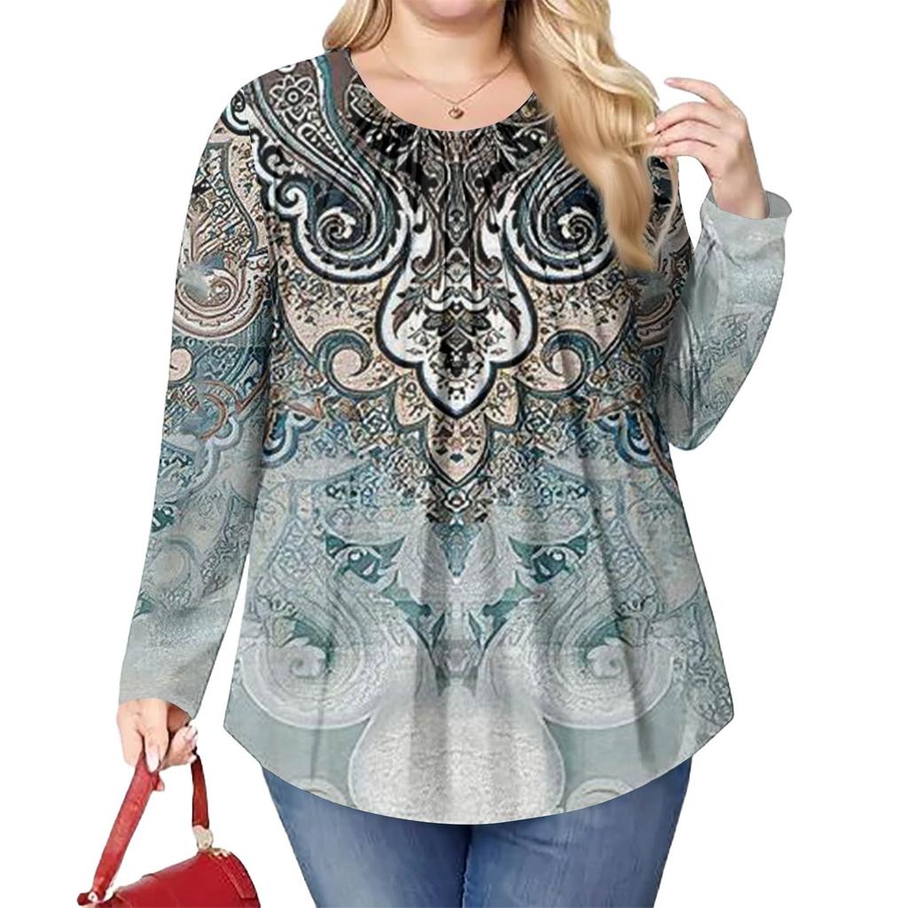 Women's Plus Size Fashion Printed Casual Pleated Round Neck Long Sleeve Top
