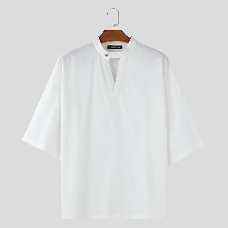 INCERUN Мужские летние футболки с коротким рукавом и заниженной линией плеч из цельного хлопка, топы