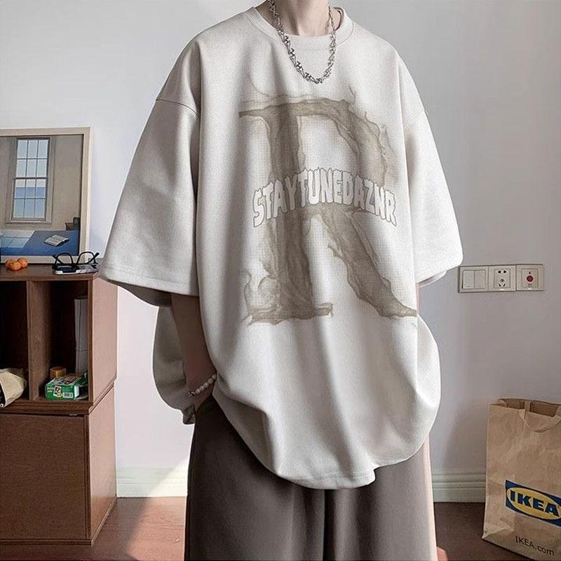 Американские пуловеры с ретро-буквами, мужская одежда, с круглым вырезом, с принтом, летние, повседневные, свободного кроя, в молодежном стиле, уличная мода, футболки с коротким рукавом